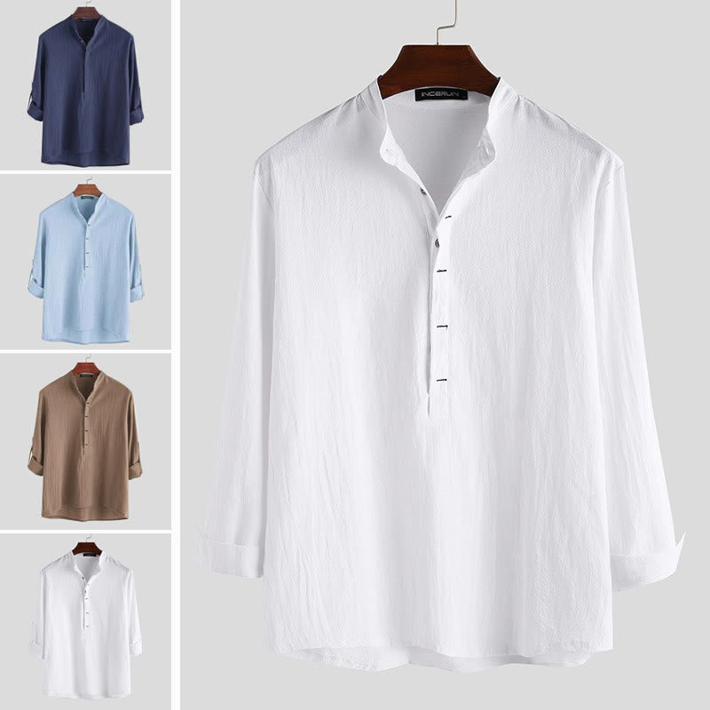Buddha Stones Solid Color Half Buttons Long Sleeve Cotton Men's Shirts - image 1