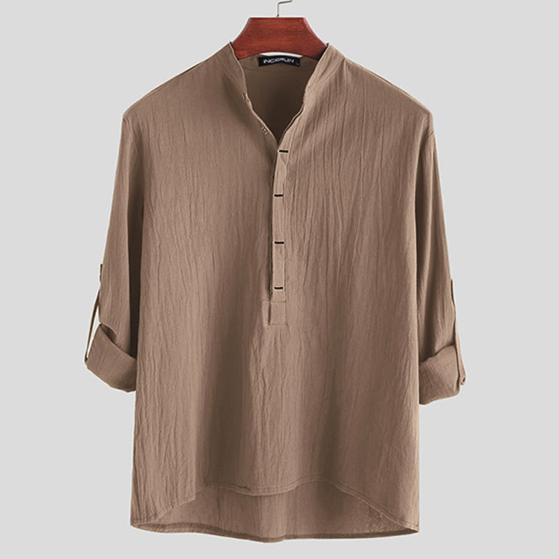 Buddha Stones Solid Color Half Buttons Long Sleeve Cotton Men's Shirts - Tan - US/UK/AU42，EU52 (3XL) - image 6