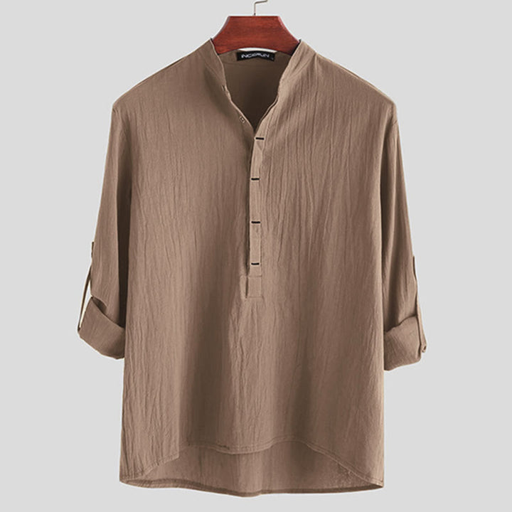 Buddha Stones Solid Color Half Buttons Long Sleeve Cotton Men's Shirts - Tan - US/UK/AU42，EU52 (3XL) - image 6