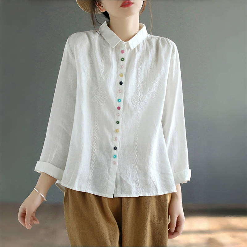 Buddha Stones Spring Embroidery Long Sleeve Colorful Button Label  Women's Shirt - image 7
