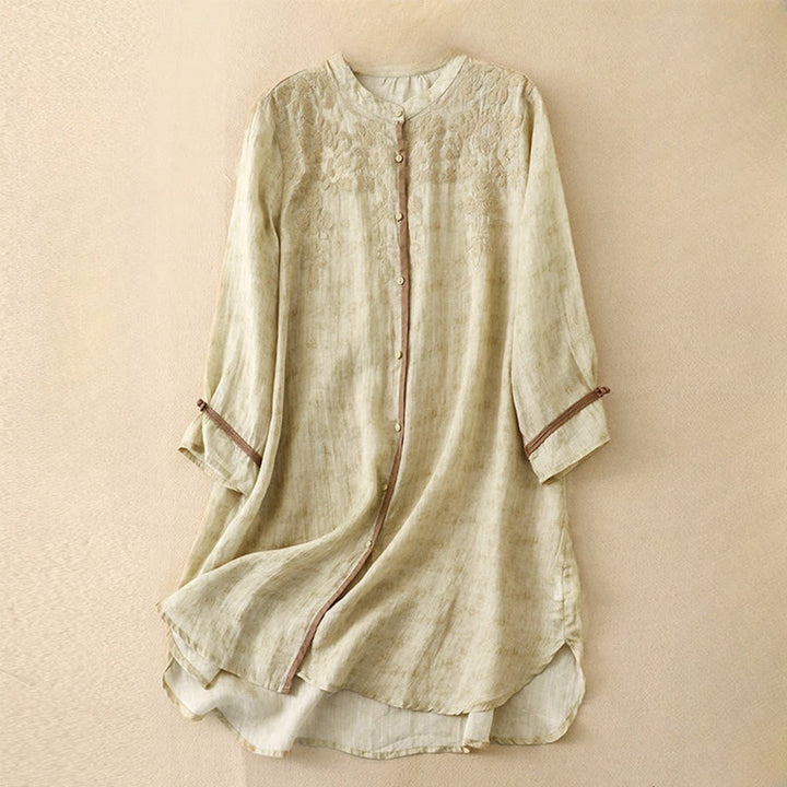 Buddha Stones Summer Casual Embroidered Stand Collar Design Three Quarter Sleeve Midi Dress - LemonChiffon - US8-10，UK/AU12-14，EU40-42 (2XL) - image 7