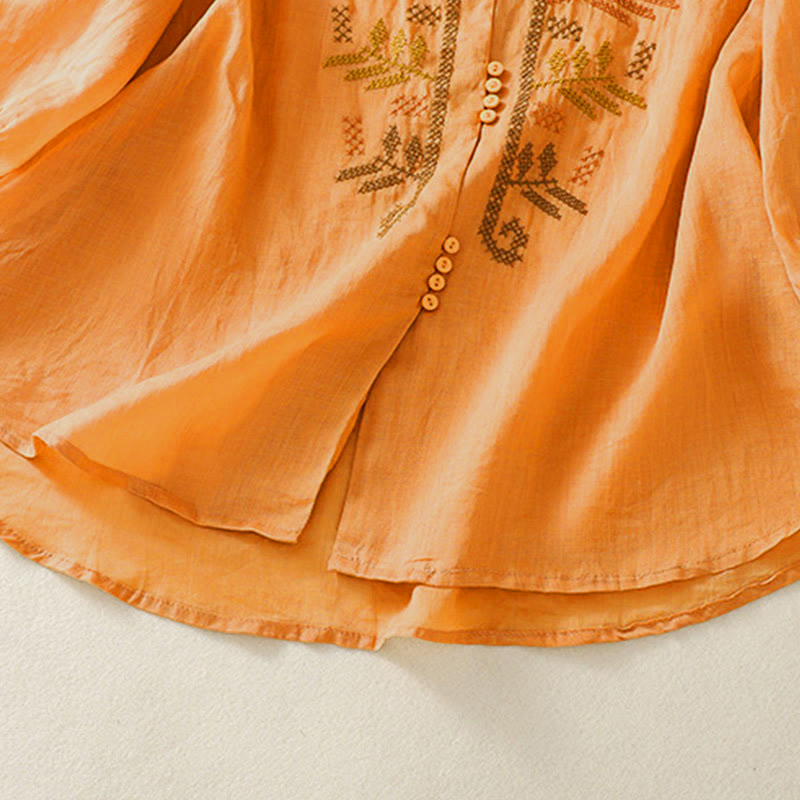 Buddha Stones Casual Artistic Embroidery Leaves Pattern Women's Three Quarter Sleeve Shirt - image 5