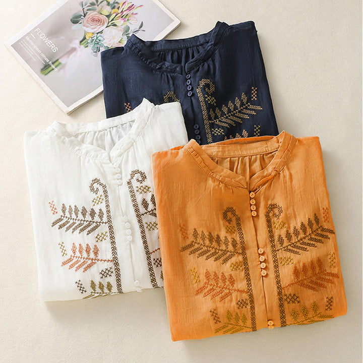 Buddha Stones Casual Artistic Embroidery Leaves Pattern Women's Three Quarter Sleeve Shirt - image 23
