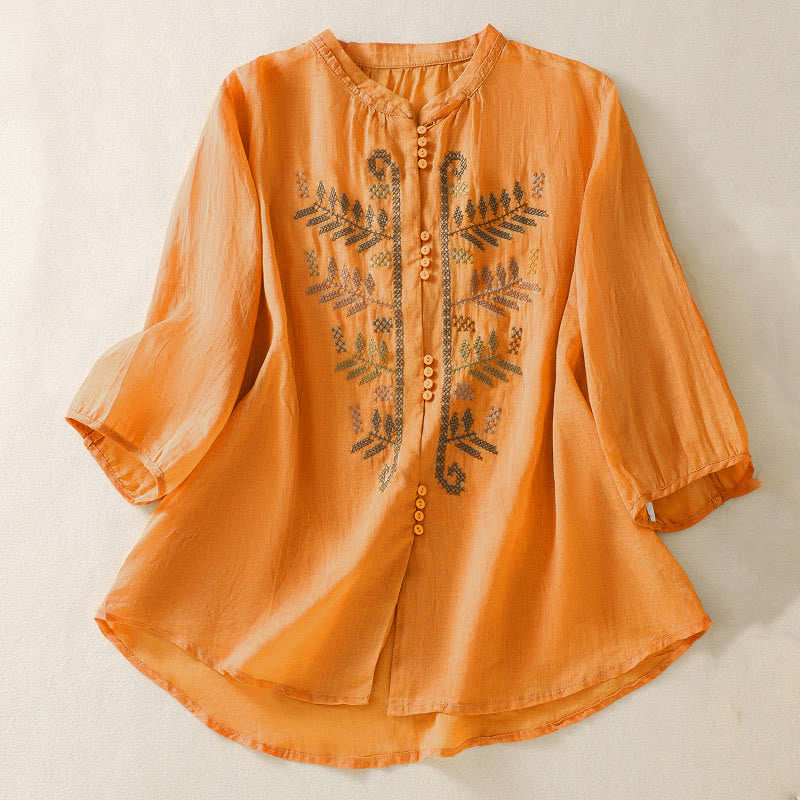 Buddha Stones Casual Artistic Embroidery Leaves Pattern Women's Three Quarter Sleeve Shirt - Orange - US8-10，UK/AU12-14，EU40-42 (2XL) - image 0