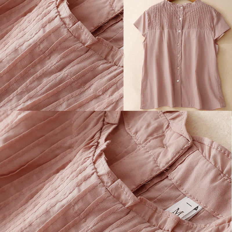 Buddha Stones Summer Pure Color Ruffled Pleated Design Women's Short Sleeve Shirt - image 4