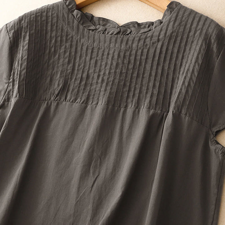 Buddha Stones Summer Pure Color Ruffled Pleated Design Women's Short Sleeve Shirt - image 8