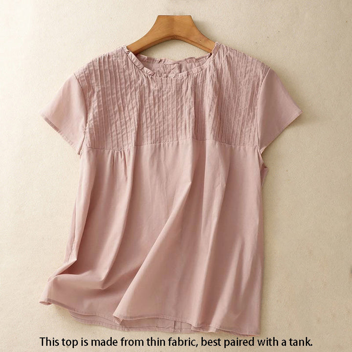 Buddha Stones Summer Pure Color Ruffled Pleated Design Women's Short Sleeve Shirt - image 1