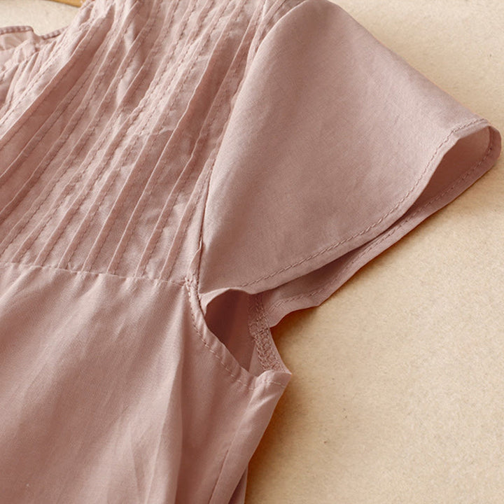 Buddha Stones Summer Pure Color Ruffled Pleated Design Women's Short Sleeve Shirt - image 3