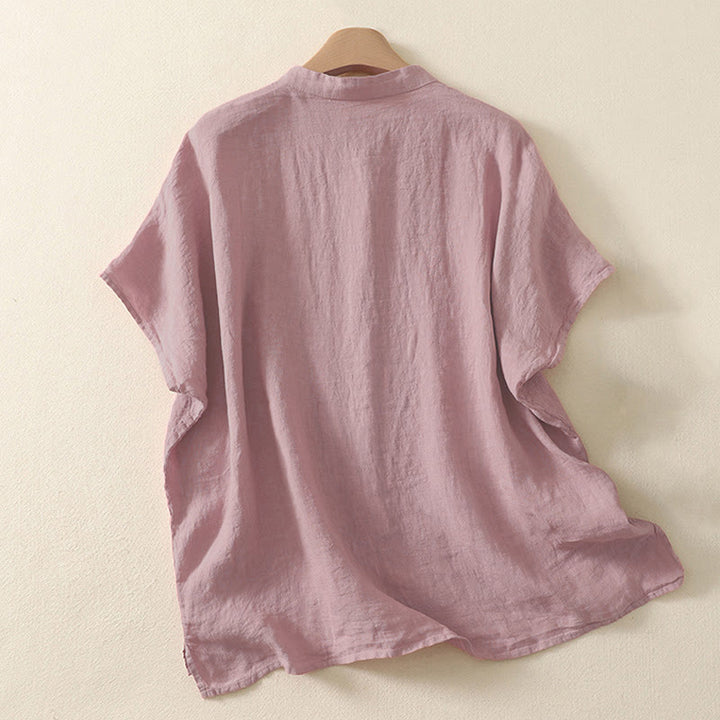 Buddha Stones Summer Plain Red Buttons Short Sleeve Women's Shirt - image 5