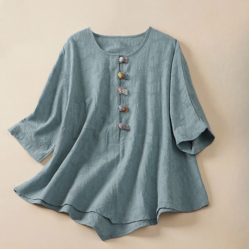 Buddha Stones Casual Flower Colorful Frog Button Half Sleeve Women's Shirt - LightSkyBlue - US8-10，UK/AU12-14，EU40-42 (2XL) - image 0