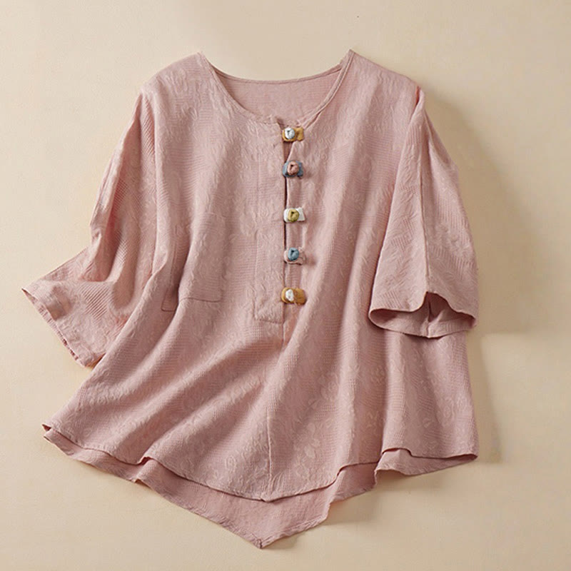 Buddha Stones Casual Flower Colorful Frog Button Half Sleeve Women's Shirt - Pink - US8-10，UK/AU12-14，EU40-42 (2XL) - image 3