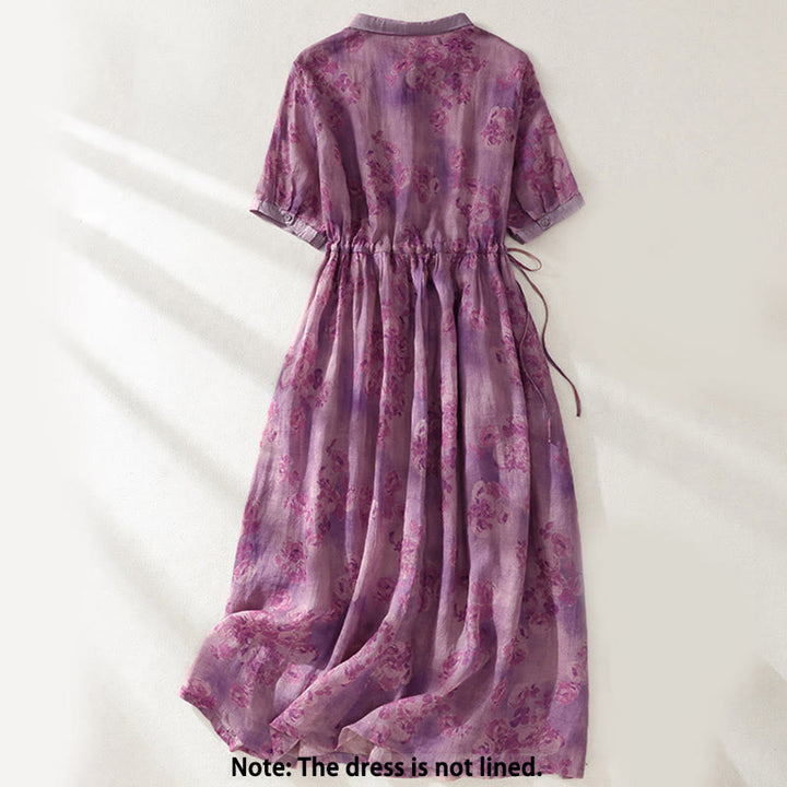 Buddha Stones Printing Buttons Drawstring High Waist Short Sleeve Midi Dress With Pockets - image 21