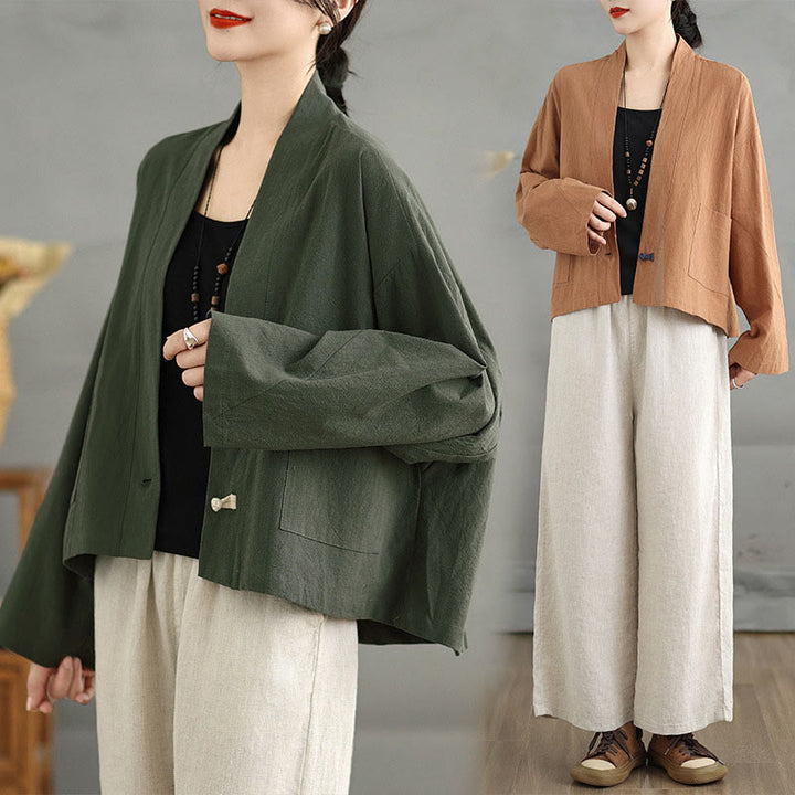 Buddha Stones Casual Vintage Plain Long Sleeve Open Front Cropped Jacket With Pockets - image 20
