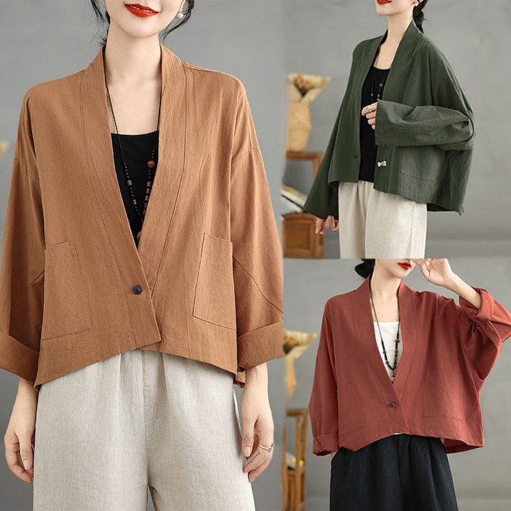 Buddha Stones Casual Vintage Plain Long Sleeve Open Front Cropped Jacket With Pockets - image 21