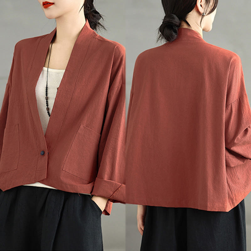 Buddha Stones Casual Vintage Plain Long Sleeve Open Front Jacket With Pockets - image 11