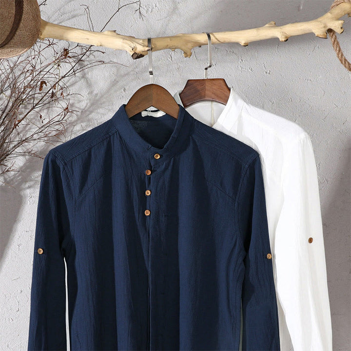 Buddha Stones Slim Fit Design Stand Collar Crew Neck Cotton Linen Men's Long Sleeve Shirt - image 13