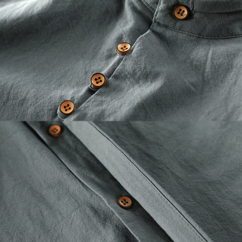 Buddha Stones Slim Fit Design Stand Collar Crew Neck Cotton Linen Men's Long Sleeve Shirt - image 11