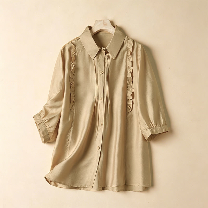 Buddha Stones Summer Elegant Vintage Button-up Solid Front Pleated Ruffle Women's Short Sleeve Shirts - Burlywood - US8-10, UK/AU12-14, EU40-42 (2XL) - image 12