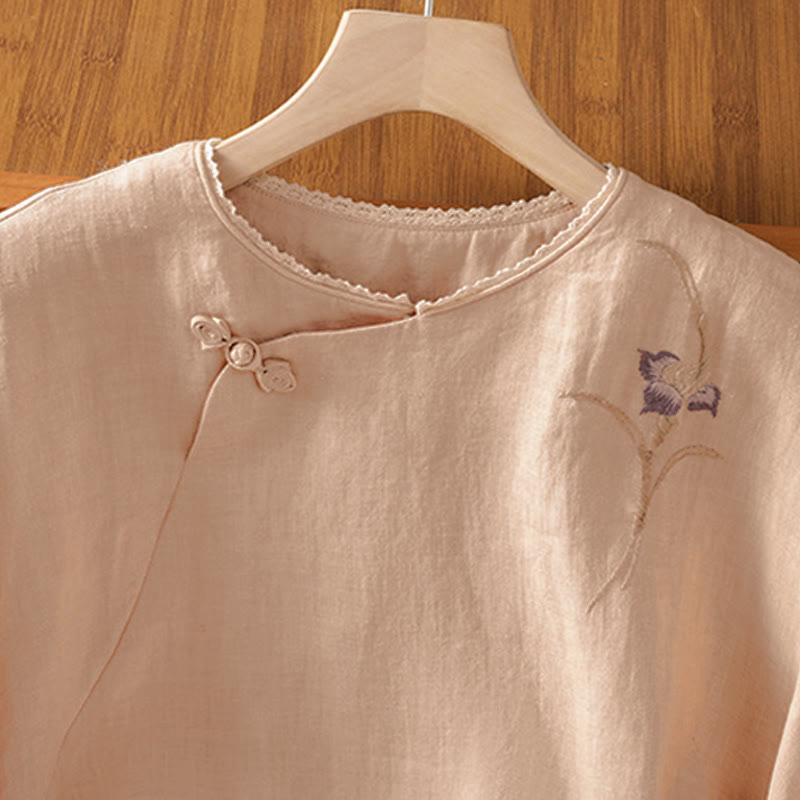 Buddha Stones Summer Tang Style Vintage Embroidery Frog Button Floral Women's Short Sleeve Shirts - image 1
