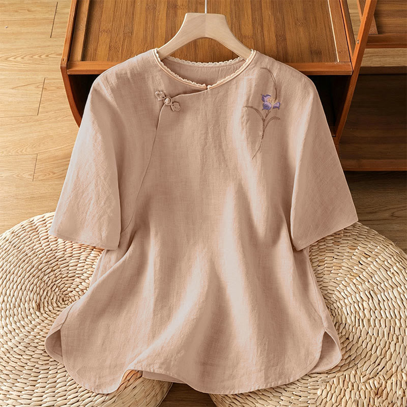 Buddha Stones Summer Tang Style Vintage Embroidery Frog Button Floral Women's Short Sleeve Shirts - Bisque - US8-10, UK/AU12-14, EU40-42 (2XL) - image 0
