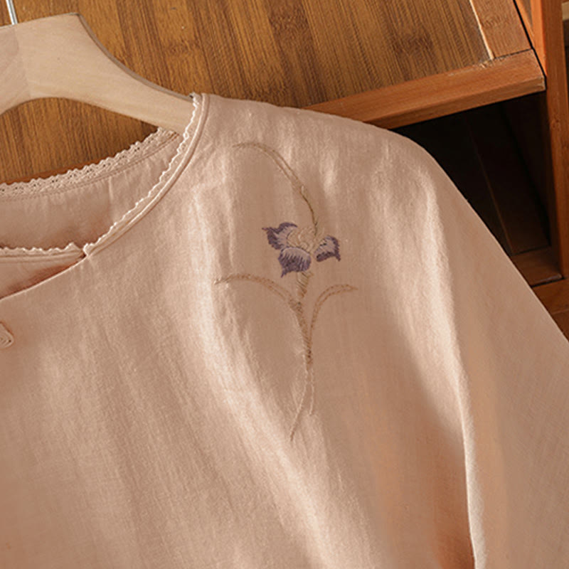 Buddha Stones Summer Tang Style Vintage Embroidery Frog Button Floral Women's Short Sleeve Shirts - image 3
