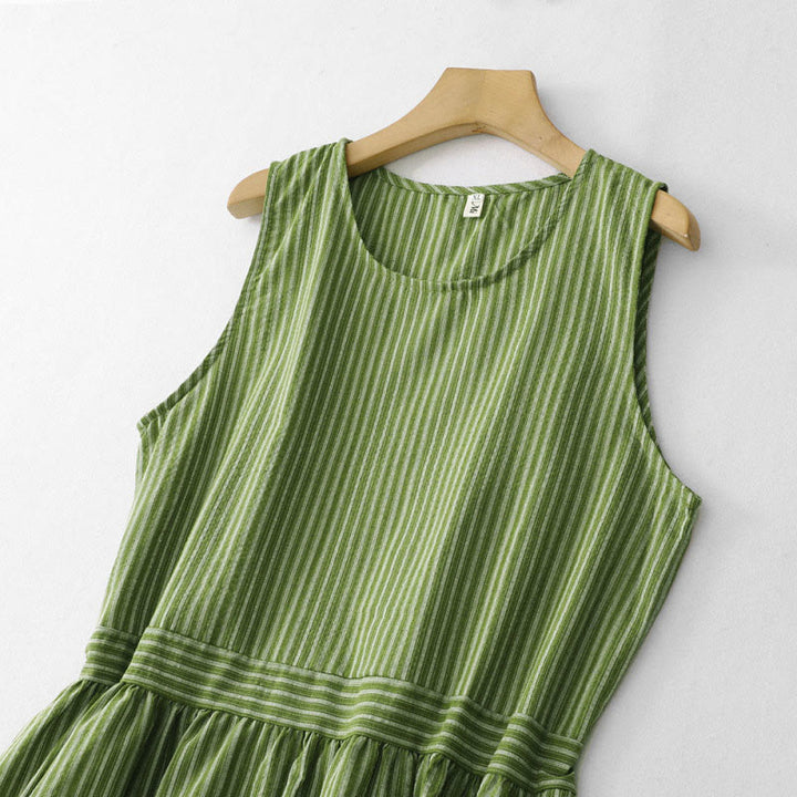 Buddha Stones Summer Casual Elegant Green Striped Crew Neck Women's Summer Sleeveless Dress - image 3