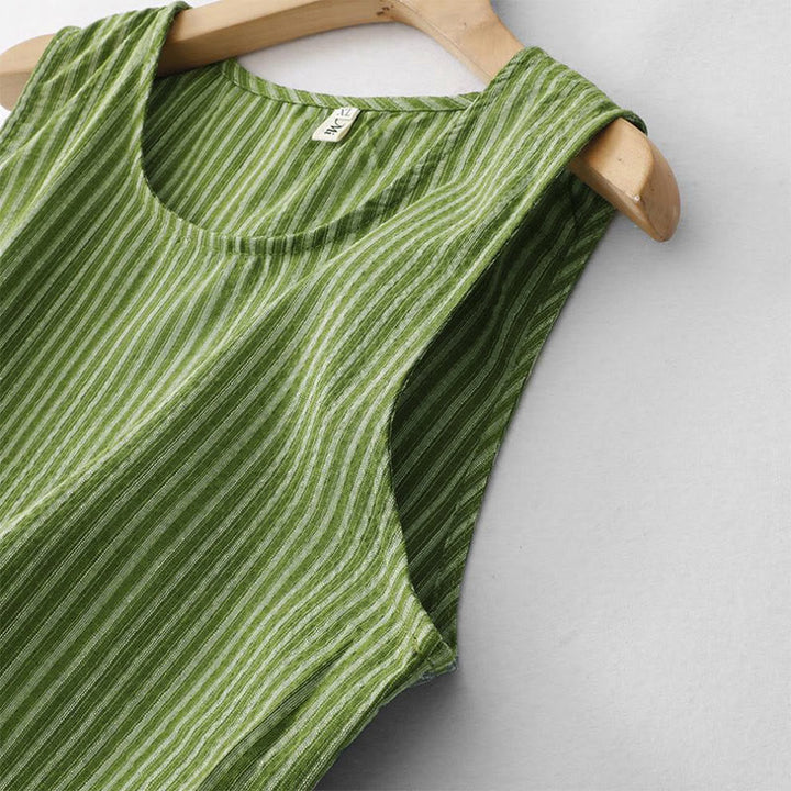 Buddha Stones Summer Casual Elegant Green Striped Crew Neck Women's Summer Sleeveless Dress - image 4