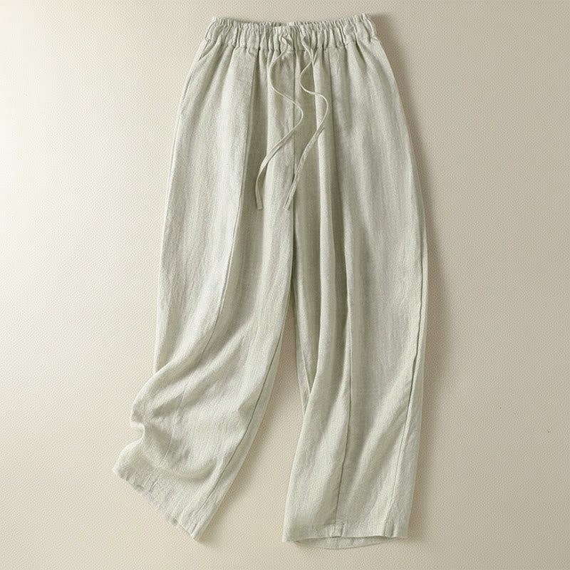 Buddha Stones Summer Casual Drawstring Solid Linen Ankle Pants Women's Wide Leg Pants With Pocket - Linen - US8-10, UK/AU12-14, EU40-42 (2XL) - image 7