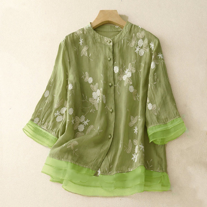 Buddha Stones Casual Embroidered Petals Spliced Women's Crew Neck Design Half Sleeve Shirt - LightGreen - US8-10，UK/AU12-14，EU40-42 (2XL) - image 12