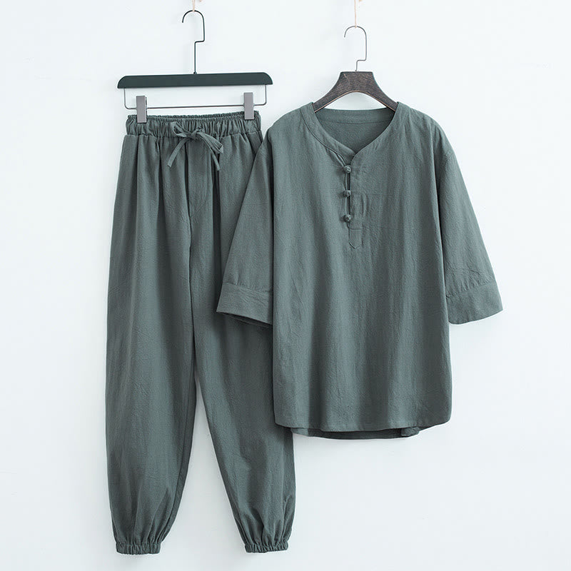 Buddha Stones Solid Color Traditional Short Sleeve T-shirt Pants Clothing Men's Set - Green(Top&Pants) - US/UK/AU44，EU54 (4XL) - image 0