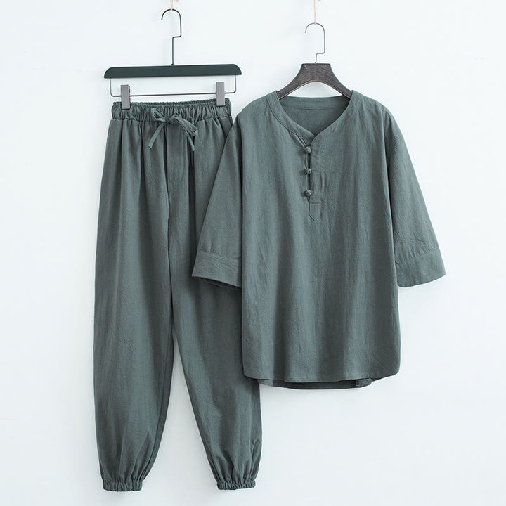 Buddha Stones Solid Color Traditional Short Sleeve T-shirt Pants Clothing Men's Set - Green(Top&Pants) - US/UK/AU44，EU54 (4XL) - image 0