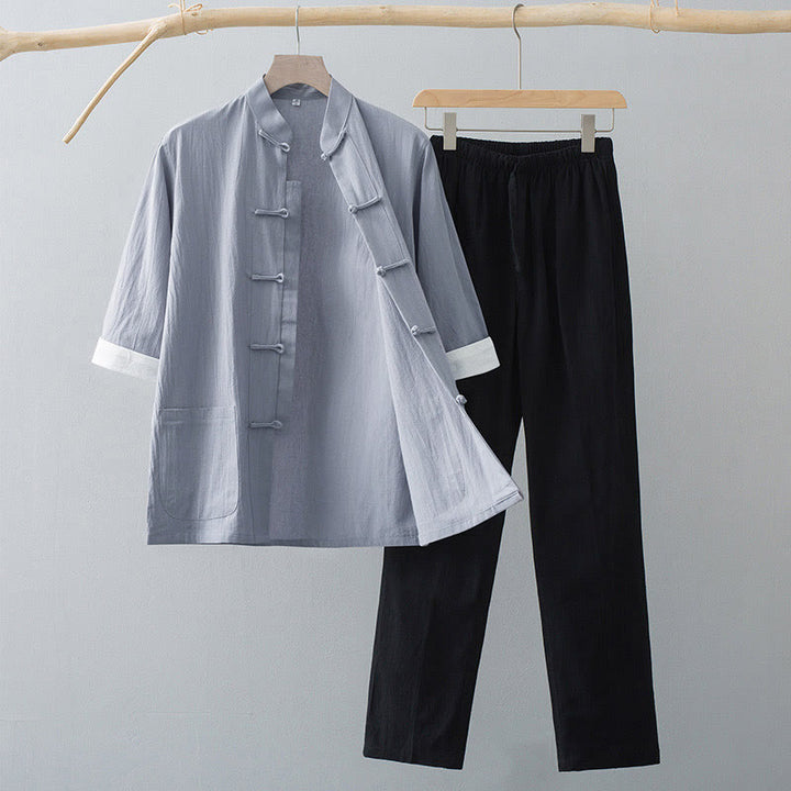 Buddha Stones Traditional Frog Tang Suit Cotton Half Sleeve Top Pants Clothing Men's Set - Gray Top&Black Pants - US/UK/AU44，EU54 (4XL)  - image 6