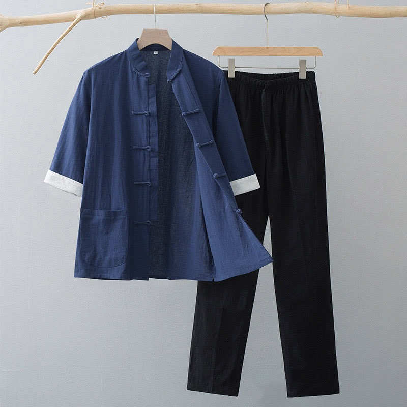 Buddha Stones Traditional Frog Tang Suit Cotton Half Sleeve Top Pants Clothing Men's Set - Navy Blue Top&Black Pants - US/UK/AU44，EU54 (4XL)  - image 7