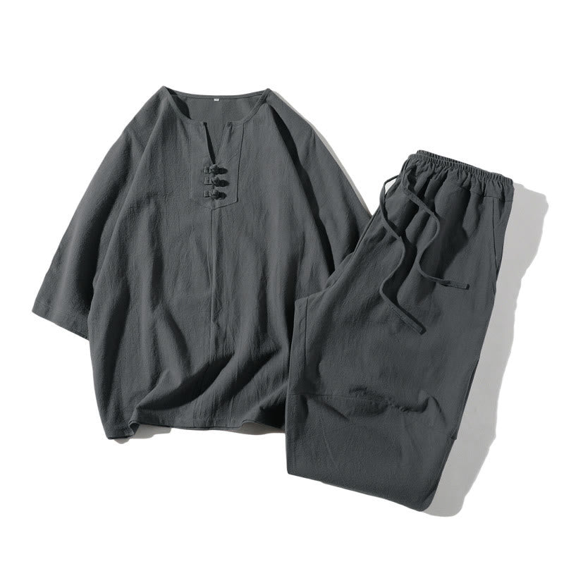 Buddha Stones 2Pcs Plain Notched Collar T-Shirt Wide Leg Shorts With Pockets Men's Meditation Cloth Set - SlateGray - US/UK/AU46，EU56 (5XL) - image 0