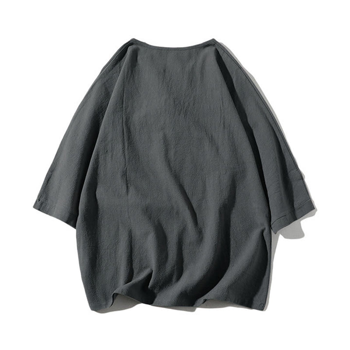 Buddha Stones 2Pcs Plain Notched Collar T-Shirt Wide Leg Shorts With Pockets Men's Meditation Cloth Set - image 2