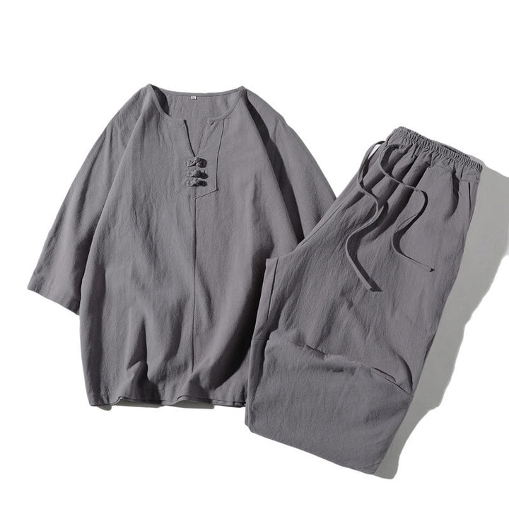 Buddha Stones 2Pcs Plain Notched Collar T-Shirt Wide Leg Shorts With Pockets Men's Meditation Cloth Set - Silver - US/UK/AU46，EU56 (5XL) - image 20