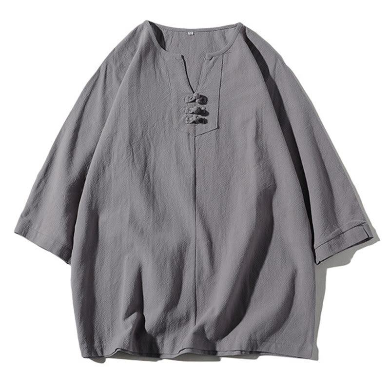 Buddha Stones 2Pcs Plain Notched Collar T-Shirt Wide Leg Shorts With Pockets Men's Meditation Cloth Set - image 21