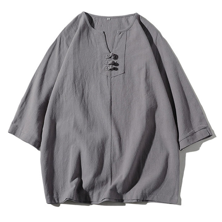 Buddha Stones 2Pcs Plain Notched Collar T-Shirt Wide Leg Shorts With Pockets Men's Meditation Cloth Set - image 21