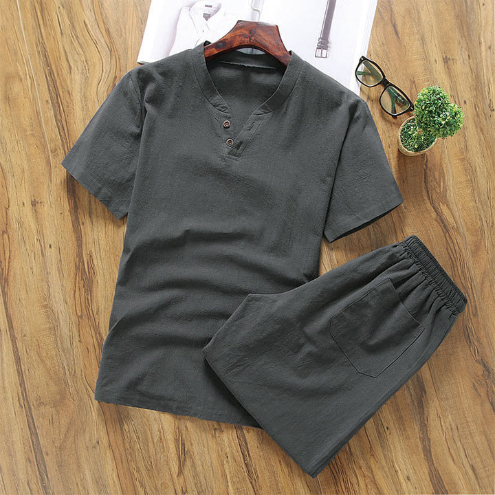 Buddha Stones Casual 2Pcs Plain Sleeve T-Shirt Shorts With Pockets Cotton Linen Men's Meditation Cloth Set - DimGray - US/UK/AU46，EU56 (5XL) - image 5