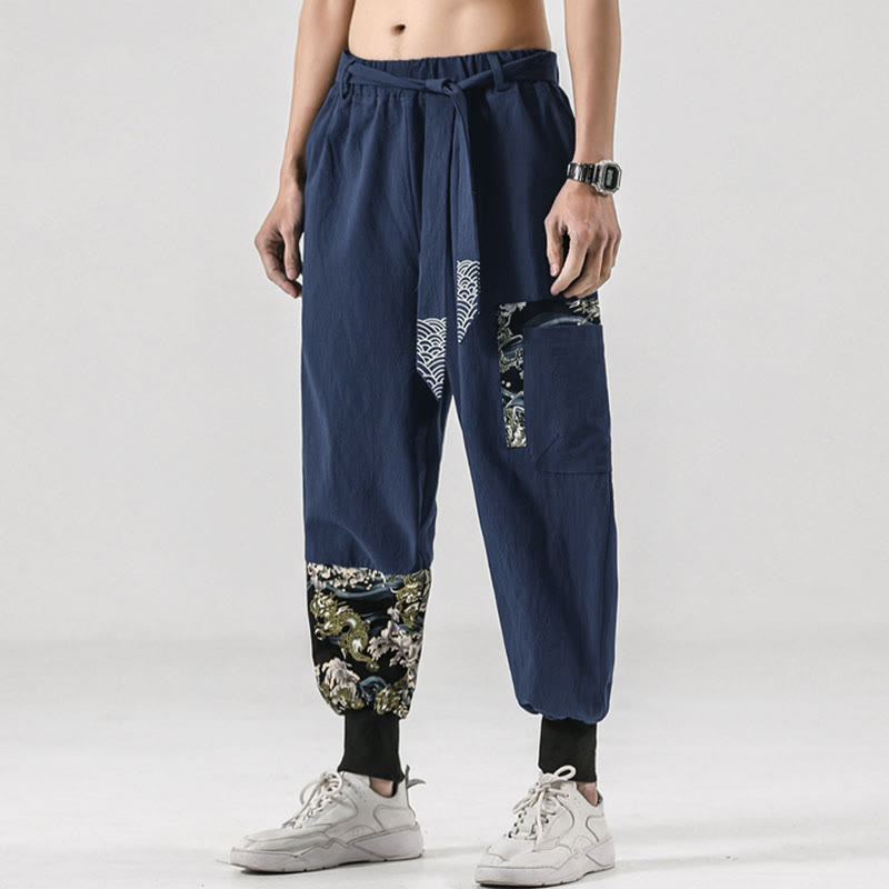 Buddha Stones Ocean Waves Lace-up Men's Harem Pants With Pockets - image 33