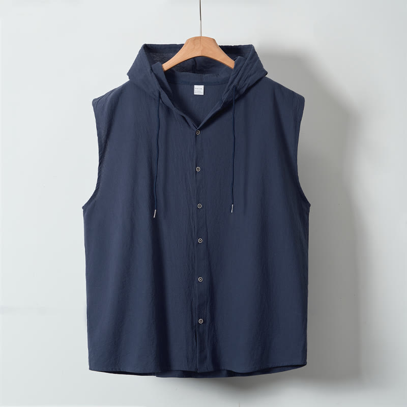 Buddha Stones Summer Casual Minimalist Button-Up Drawstring Solid Tank Top Men's Sleeveless Shirts - image 24