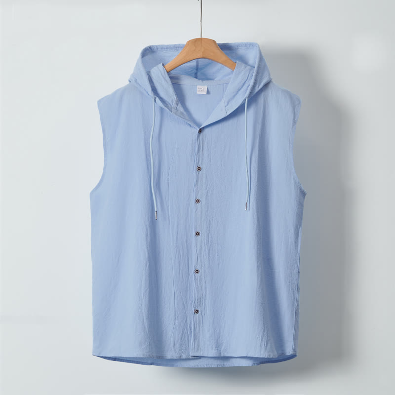 Buddha Stones Summer Casual Minimalist Button-Up Drawstring Solid Tank Top Men's Sleeveless Shirts - image 4