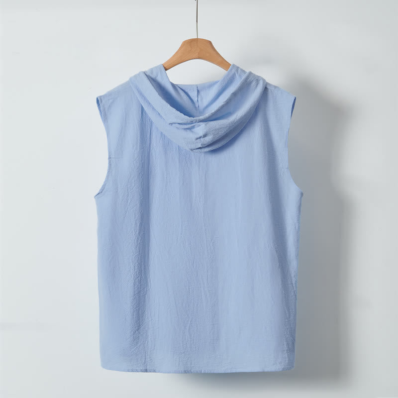 Buddha Stones Summer Casual Minimalist Button-Up Drawstring Solid Tank Top Men's Sleeveless Shirts - image 5