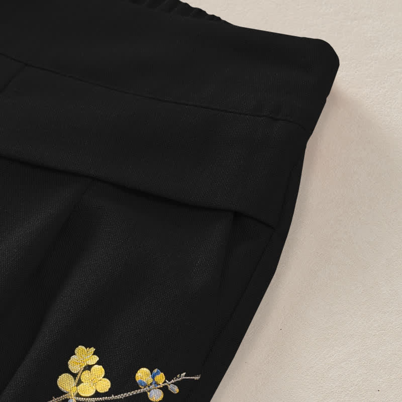 Buddha Stones Cotton Linen Vintage Yellow Floral Pattern Women's Elastic Waist Wide Leg Pants With Pockets - image 2