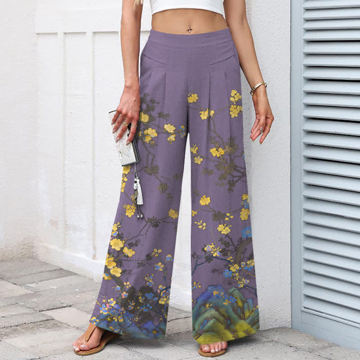 Buddha Stones Cotton Linen Vintage Yellow Floral Pattern Women's Elastic Waist Wide Leg Pants With Pockets - image 7