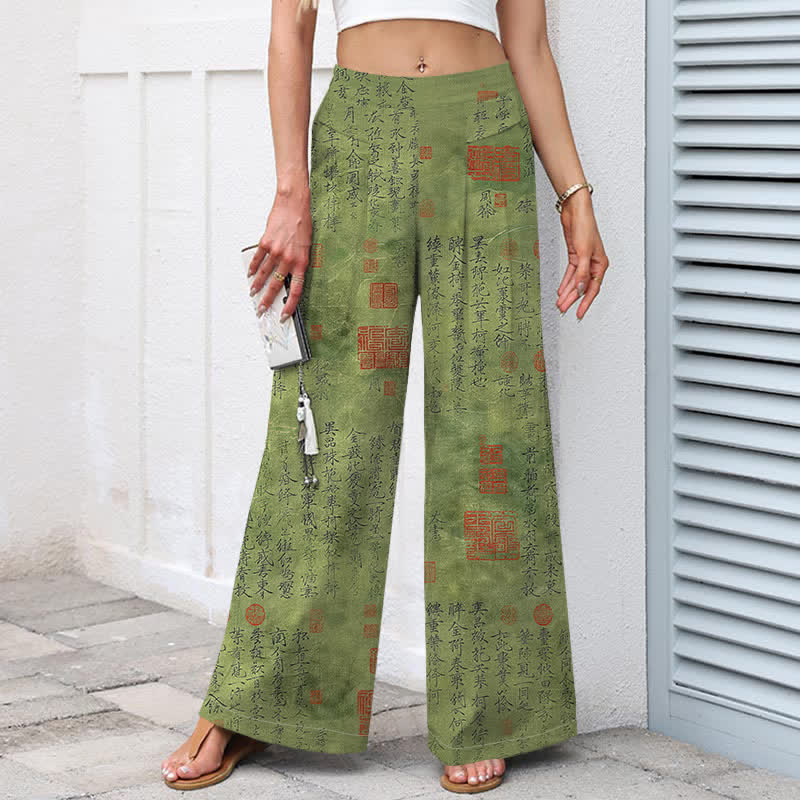 Buddha Stones Cotton Linen Vintage Script Pattern Women's Elastic Waist Wide Leg Pants With Pockets - image 1