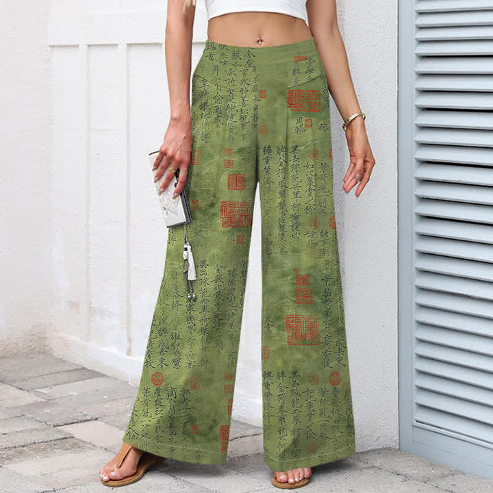 Buddha Stones Cotton Linen Vintage Script Pattern Women's Elastic Waist Wide Leg Pants With Pockets - image 1