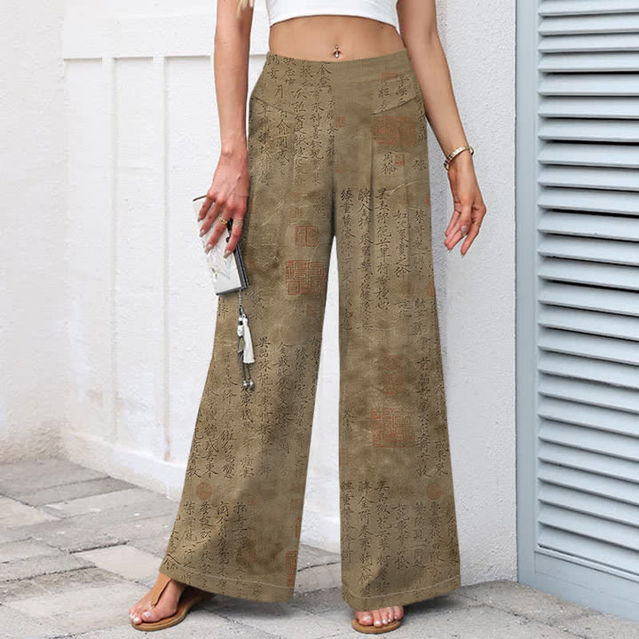 Buddha Stones Cotton Linen Vintage Script Pattern Women's Elastic Waist Wide Leg Pants With Pockets - image 5