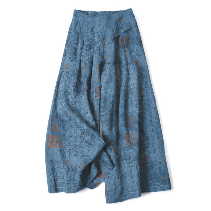 Buddha Stones Cotton Linen Vintage Script Pattern Women's Elastic Waist Wide Leg Pants With Pockets - SteelBlue - US16，UK/AU20，EU48 (3XL) - image 6