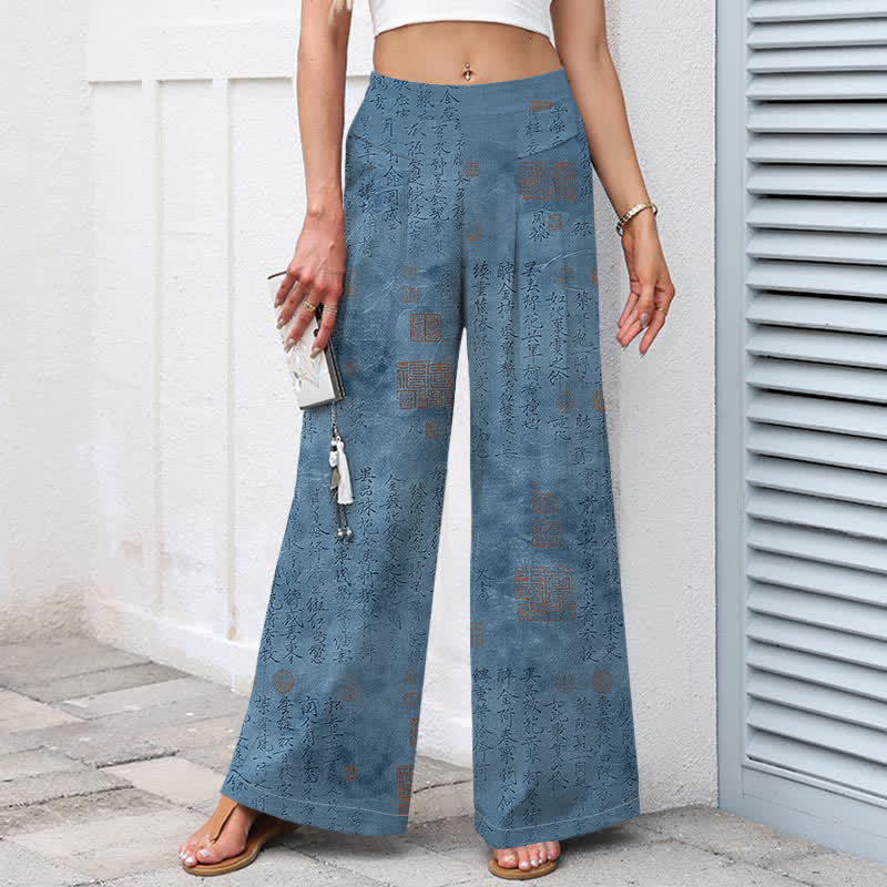 Buddha Stones Cotton Linen Vintage Script Pattern Women's Elastic Waist Wide Leg Pants With Pockets - image 7